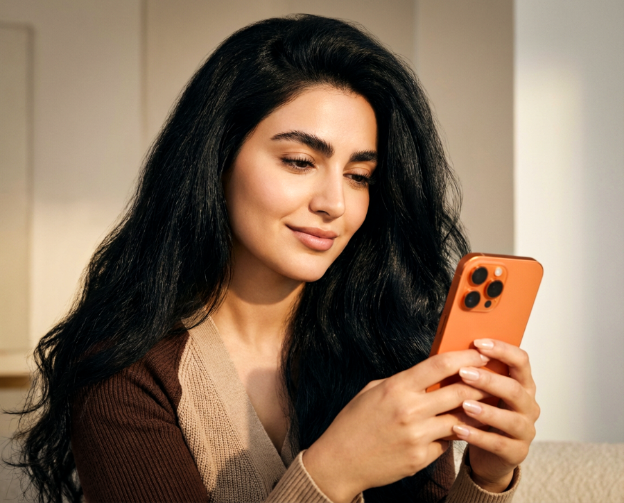 Woman holding an orange smartphone indoors